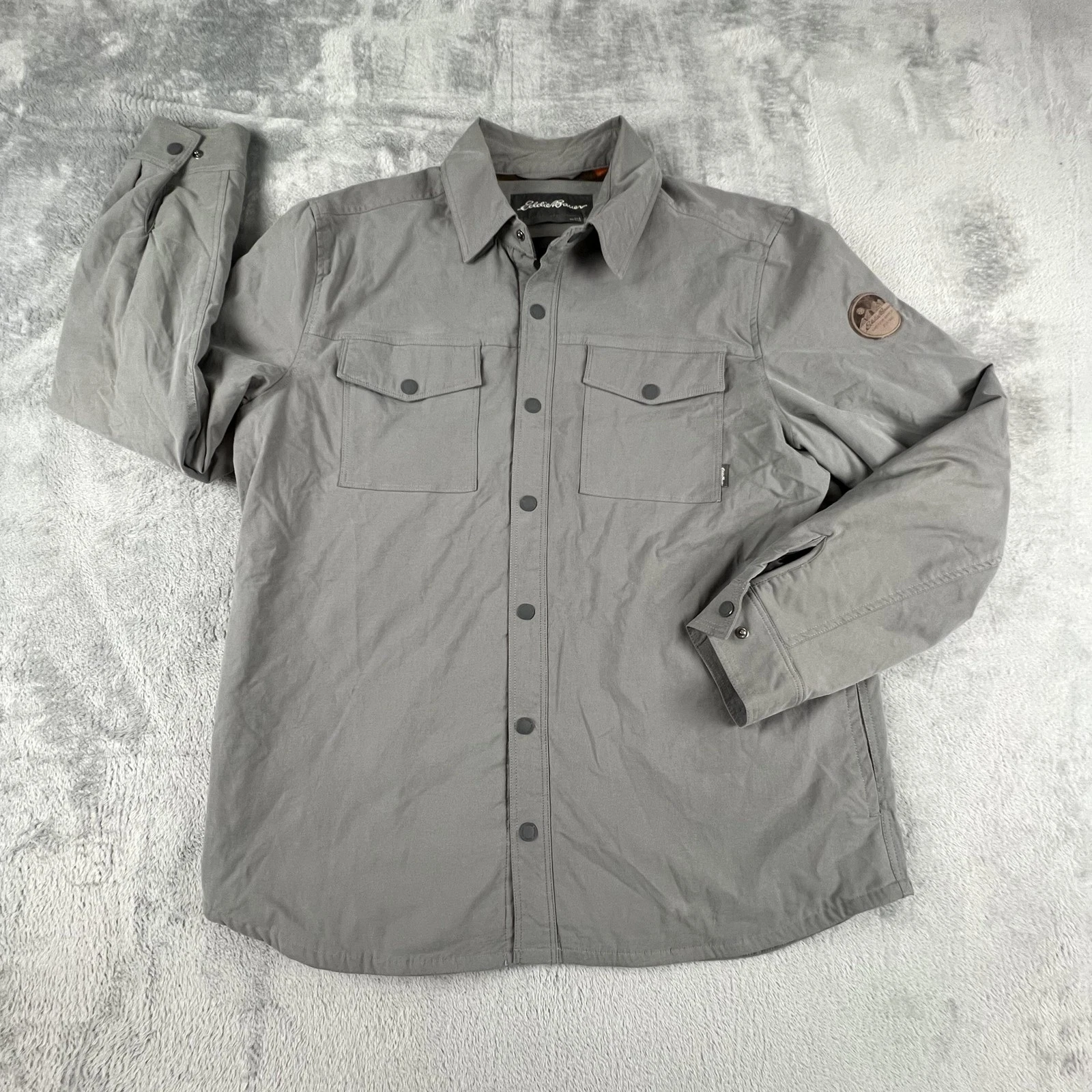 Eddie Bauer Jacket Mens Large Gray Fleece Lined Snap Shirt Outdoor Southwestern