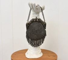 Antique 1910s 20s Art Nouveau Ornate Beaded Fringe Chain Silver Flapper Purse