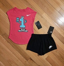 NEW Nike Little Girl 1 Cotton Tee Short Set, Fuchsia Pink sz 4