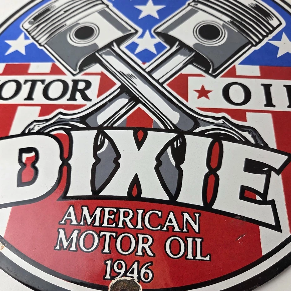 Vintage Dixie Motor Oil Sign - American Flags Gas Pump Service Porcelain Sign - Image 3 of 4