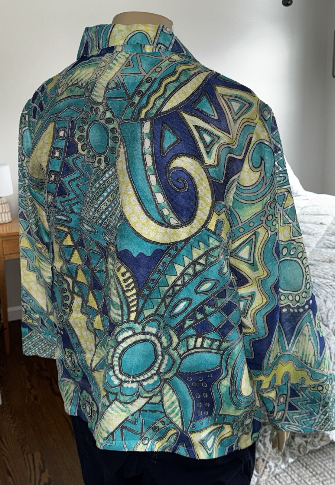 Chico's Jacket Size 3 XL Womens Blue Green Abstract Print Open Front