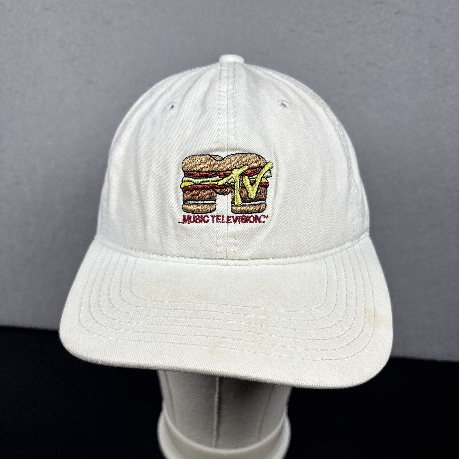 MTV Cheeseburger Logo Dad Adjustable Strapback Hat Cap Collectible White OSFM