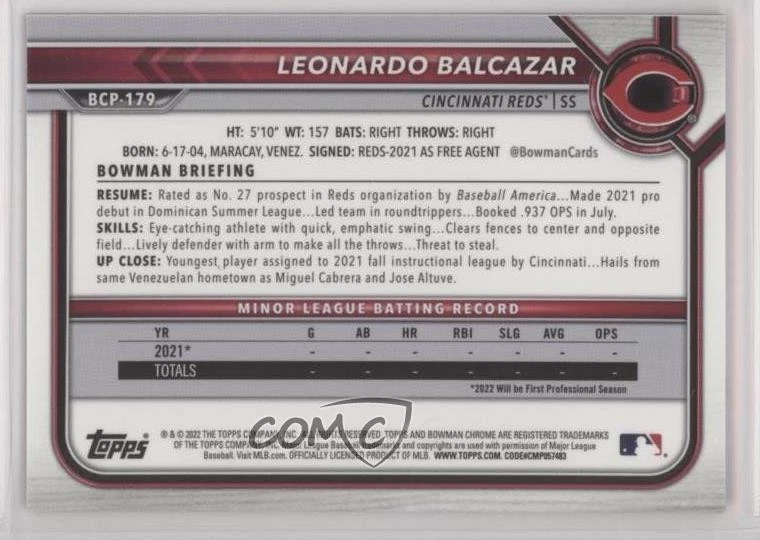 2022 Bowman Chrome Sapphire Edition Prospects Purple /25 Leonardo Balcazar - Image 2 of 2
