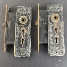 Pair of 2 Antique Ornate Metal Door Plates w/ Double Push Button Mortis Lock RHC