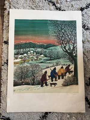 Ljuba Petrovic Signed EA Large Lithograph Winter Village Naive Art