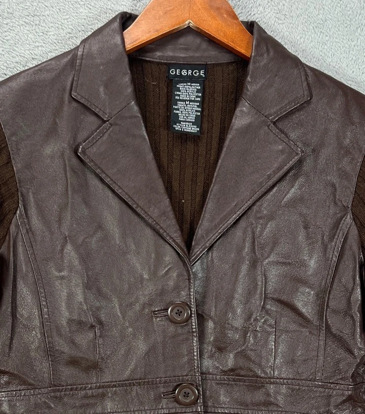 Jaqueta GEORGE VINTAGE Feminina Couro Marrom Escuro Suéter Malha Blazer Retrô Tamanho Médio - Imagem 2 de 4