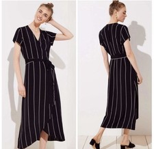 LOFT Short Sleeve Wrap Midi Dress Women’s Plus Sz 26 Black White Pinstripe