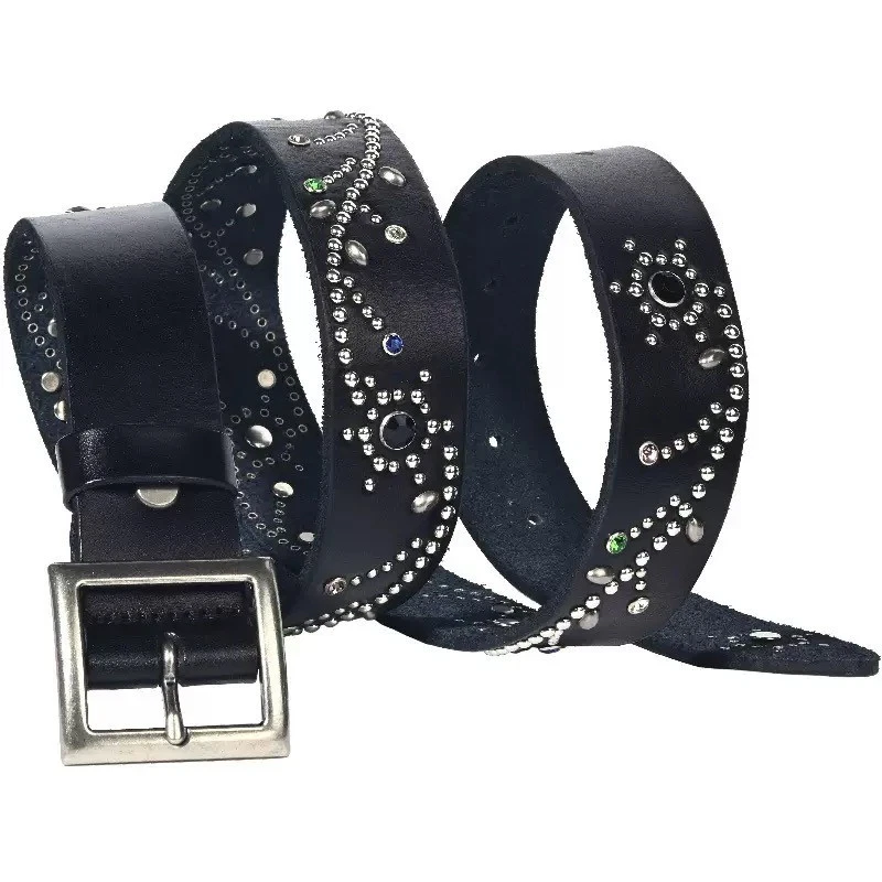 Cinturón de Cuero Real Metal Pesado Remache Tachonado Cinturón Unisex Punk Cintura Hecho a Mano Foto 3 de 4