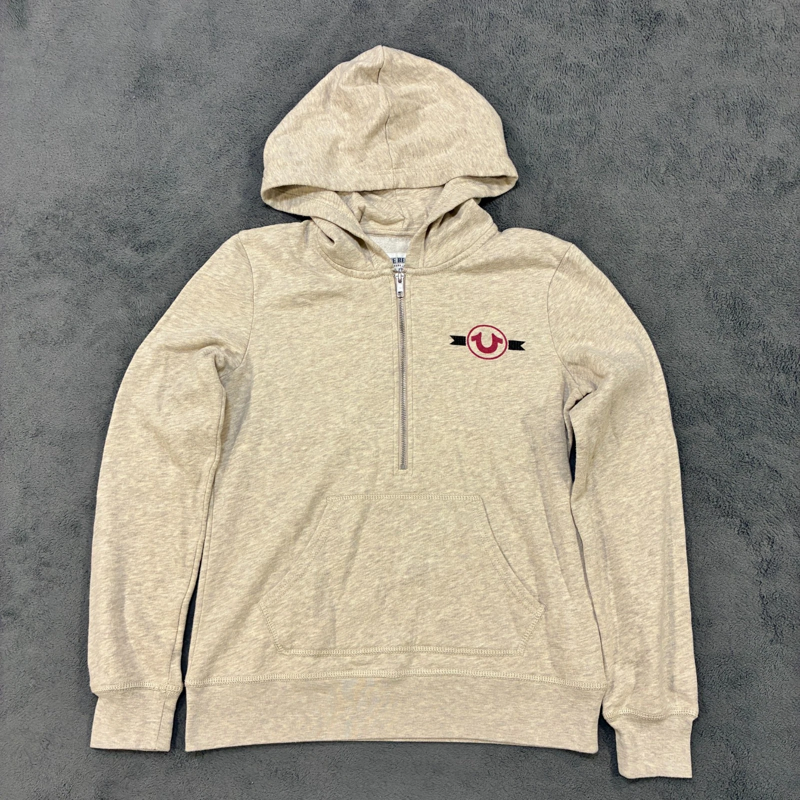 True Religion Beige Half-Zip Hoodie Sweatshirt Kangaroo Pocket Women's Small