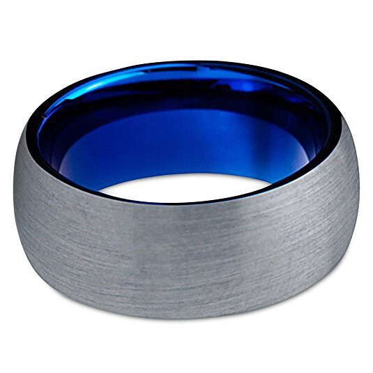 8mm Men's Tungsten Wedding Band – Silver Brushed Matte Grooved Center Ring, Blue, Size 5.5