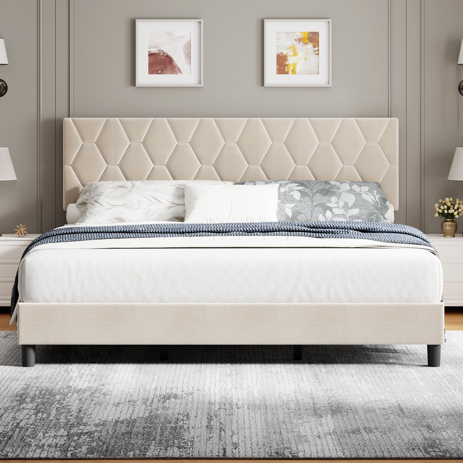 King Size Modern Platform Bed Frame with Upholstered Headboard | New