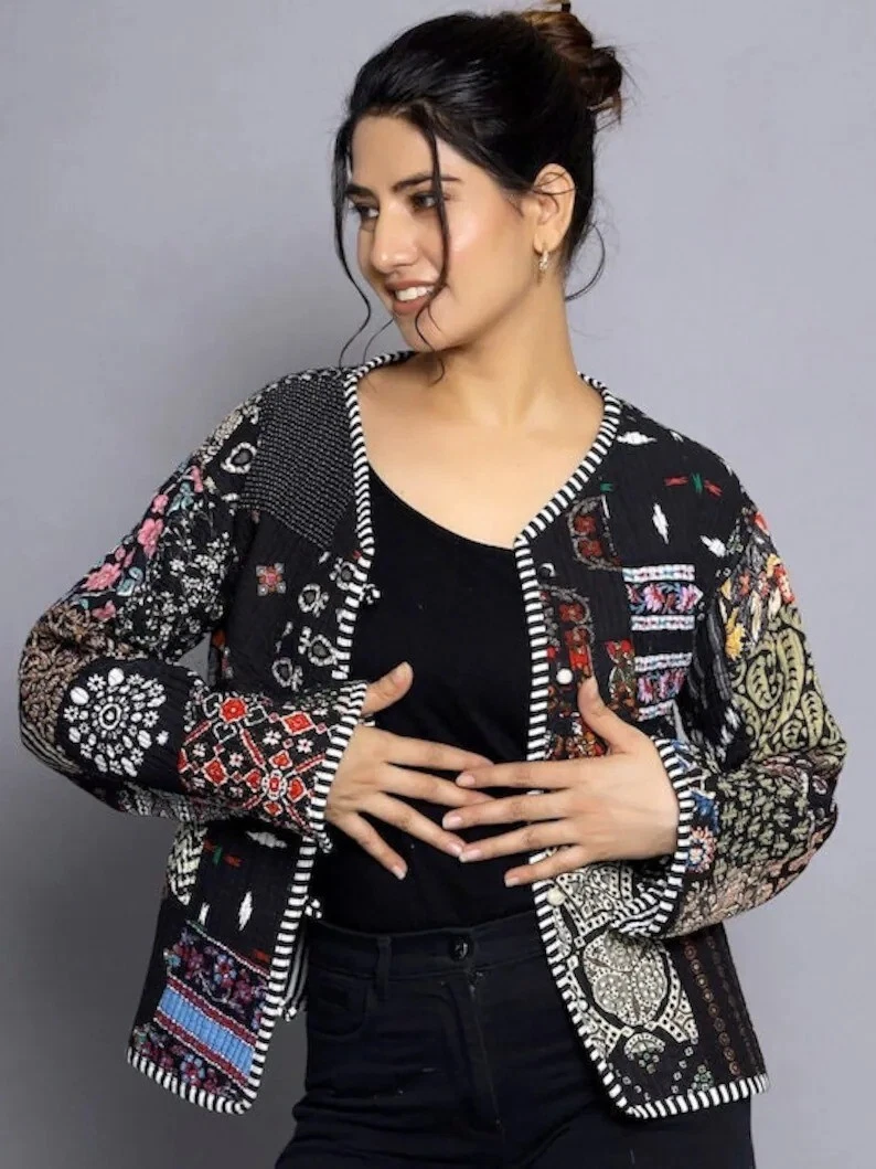 Indian Black Patchwork Quilted Cotton Jacket Handmade Jacket Women's Clothing US