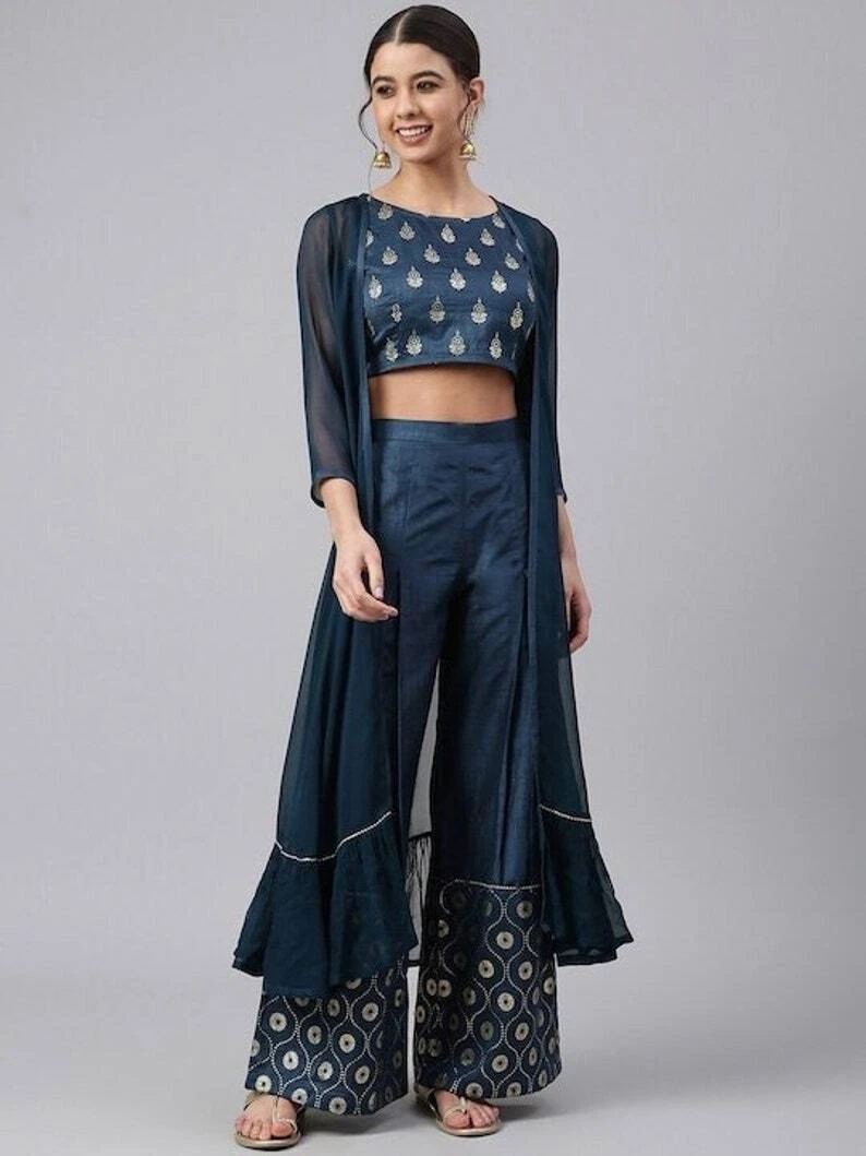 Women Printed Crop Top With Palazzo Pants And Long Jacket, Indo Western  Outift | eBay