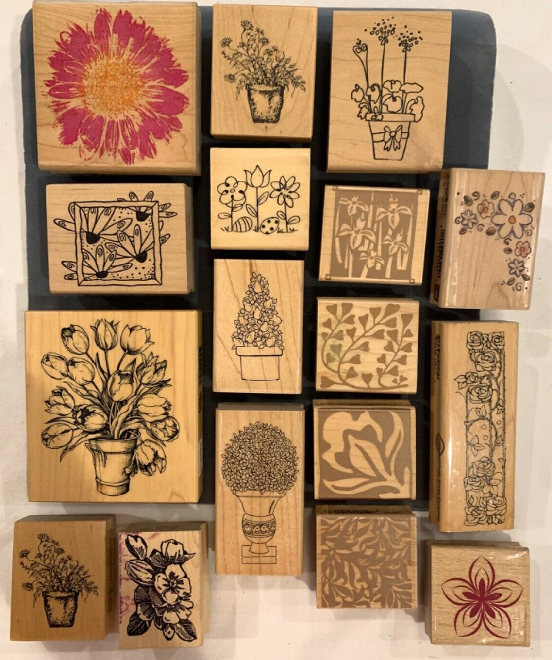 17 Rubber Stamps Wood Mounted Flowers Floral Garden Botanical Plants
