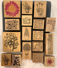 17 Rubber Stamps Wood Mounted Flowers Floral Garden Botanical Plants