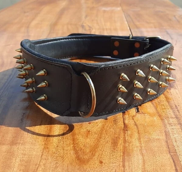Dog Collar Spike Studded Real Leather 3" Wide Heavy Duty Pet Padded Adjustable