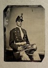 FINE ANTIQUE TINTYPE PHOTO MILITARY BAND MUSICIAN HOLDING TROMBONE HORN 1800s