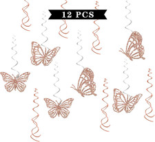Butterfly Hanging Swirl Decorations - Glitter 12 Pcs Girl Baby Shower Party Supp