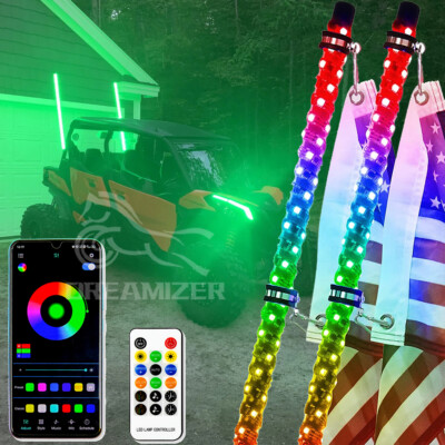 2X 3FT For Can-AM Maverick Turbo ATV UTV RGB Spiral LED Whip Light Chase w/Flags