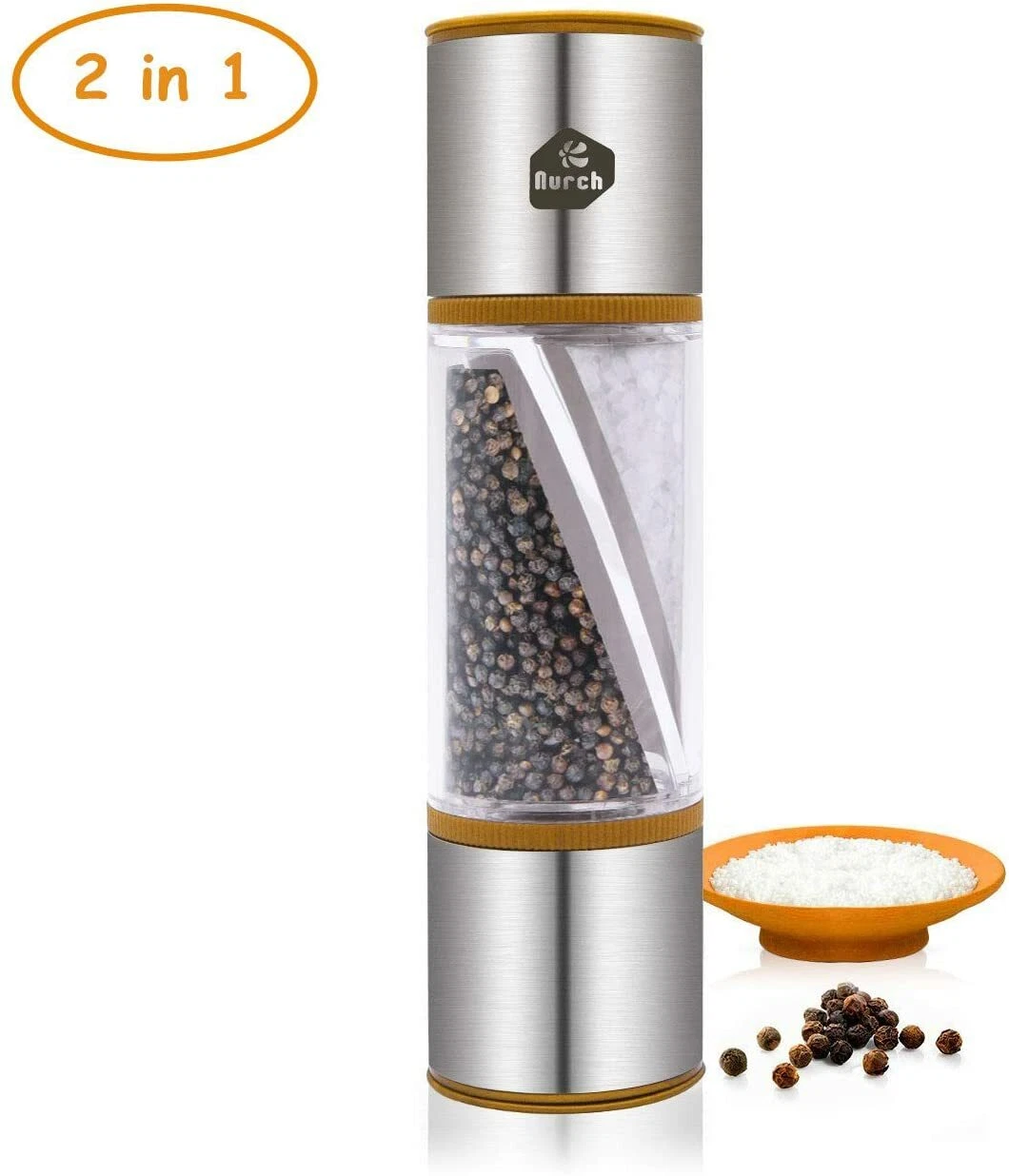 2 in 1 Grinder-Dual Salt and Peppercorn Spice Grinder with Adjustable Coarseness