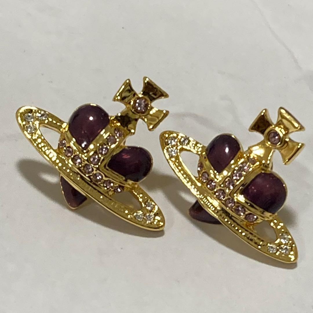 Vivienne Westwood Diamante Heart Orb Earrings Gold Purple No Box From Japan New