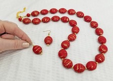 Handcrafted Gold Tone Red With Gold-swirled Bead Necklace and Earring Set