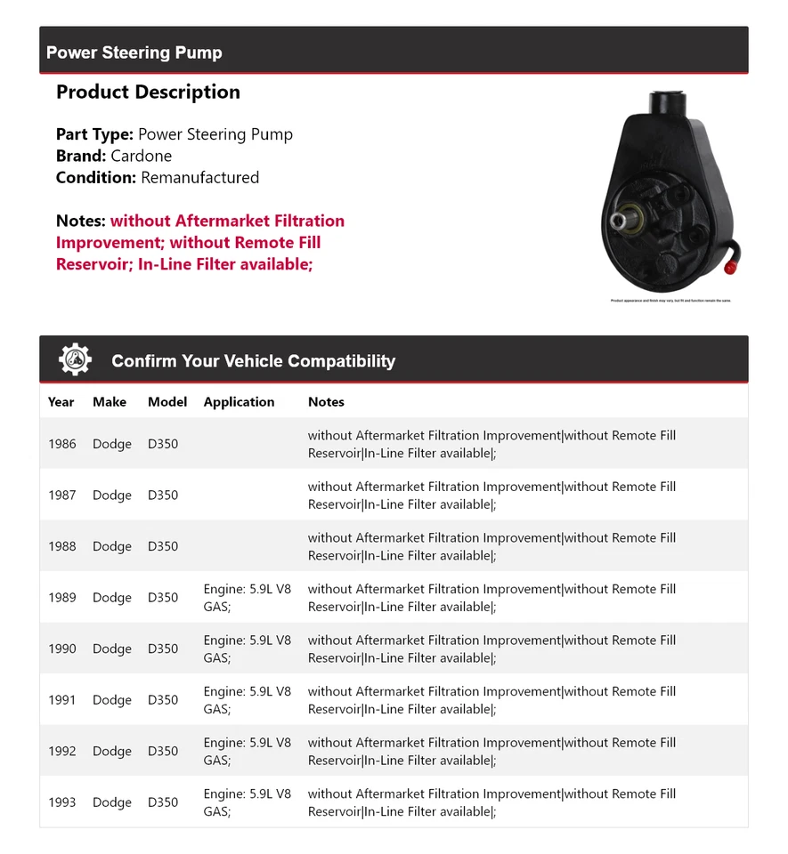 Bomba de dirección asistida Cardone 1987 1988 1989 1990 1991 para Dodge D350 1986-1993 Foto 2 de 4