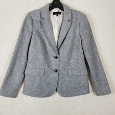 Talbots Women Grey Herringbone Wool Blend Tweed Blazer Jacket Polka Dot Lining 6