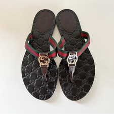 Gucci Interlocking GG Web Stripe Flip Flop Sandals Size EU 38.5 Black Leather