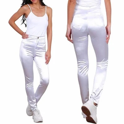 Damen Satin High Waist Röhrenhose Skinny Stoff Hose Stretchhose Slim Fit Weiß - Bild 1 von 4