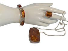 Sterling Citrine ring 7, Sterling Amber Bracelet 7.25",  Amber necklace 22"