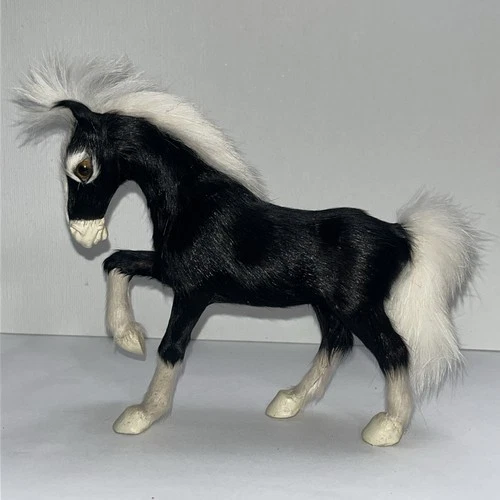 Vintage Dark Black White Horse Real Fur Figurine Glass eyes 4” Tall