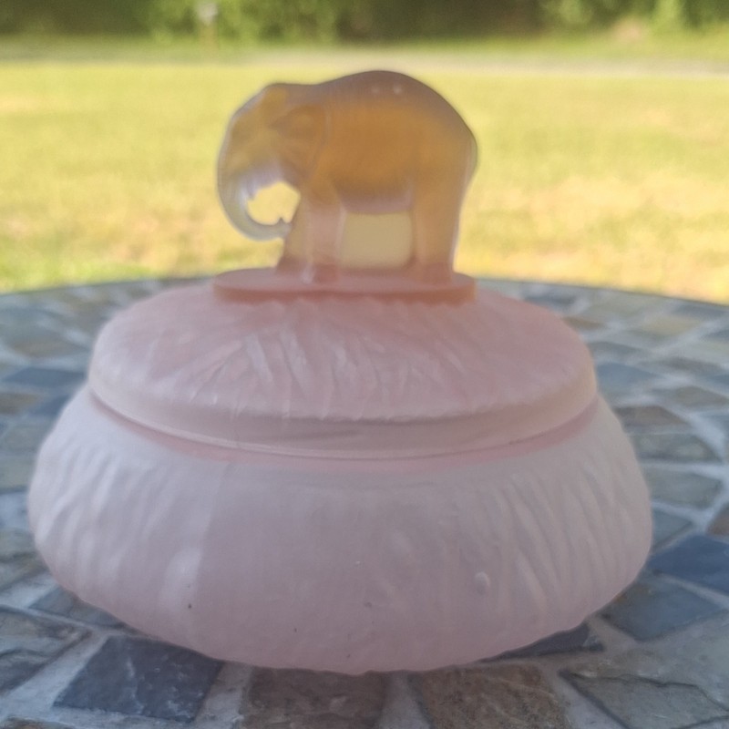 Pink Frosted Glass Powder Jar with Lid, Elephant Finial Topper L E Smiti