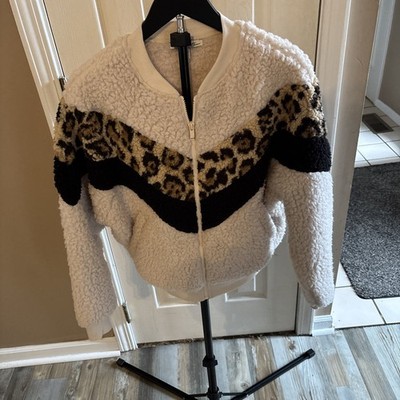 Express Leopard Print Sherpa Zip Up Jacket Women s Size M