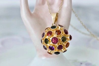 Estate Sputnik Bezel Set Multi-Gemstone 18''Necklace Pendant 18K Yellow Gold Over