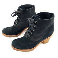 UGG Australia 3213 Sofia Lace-up Black Suede Sheepskin Chunky Heel Boots SIZE 9