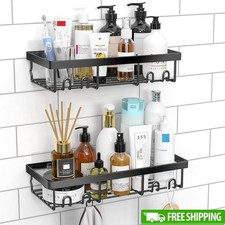 Wall Mount Shower Caddy Set 2 Shelves Sturdy Metal Rust Proof Organizer Hooks US
