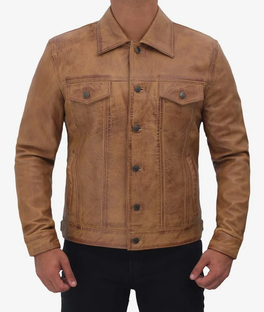 Men's Distressed Leather Trucker Camel Vintage Washed Real Leather Denim Coat