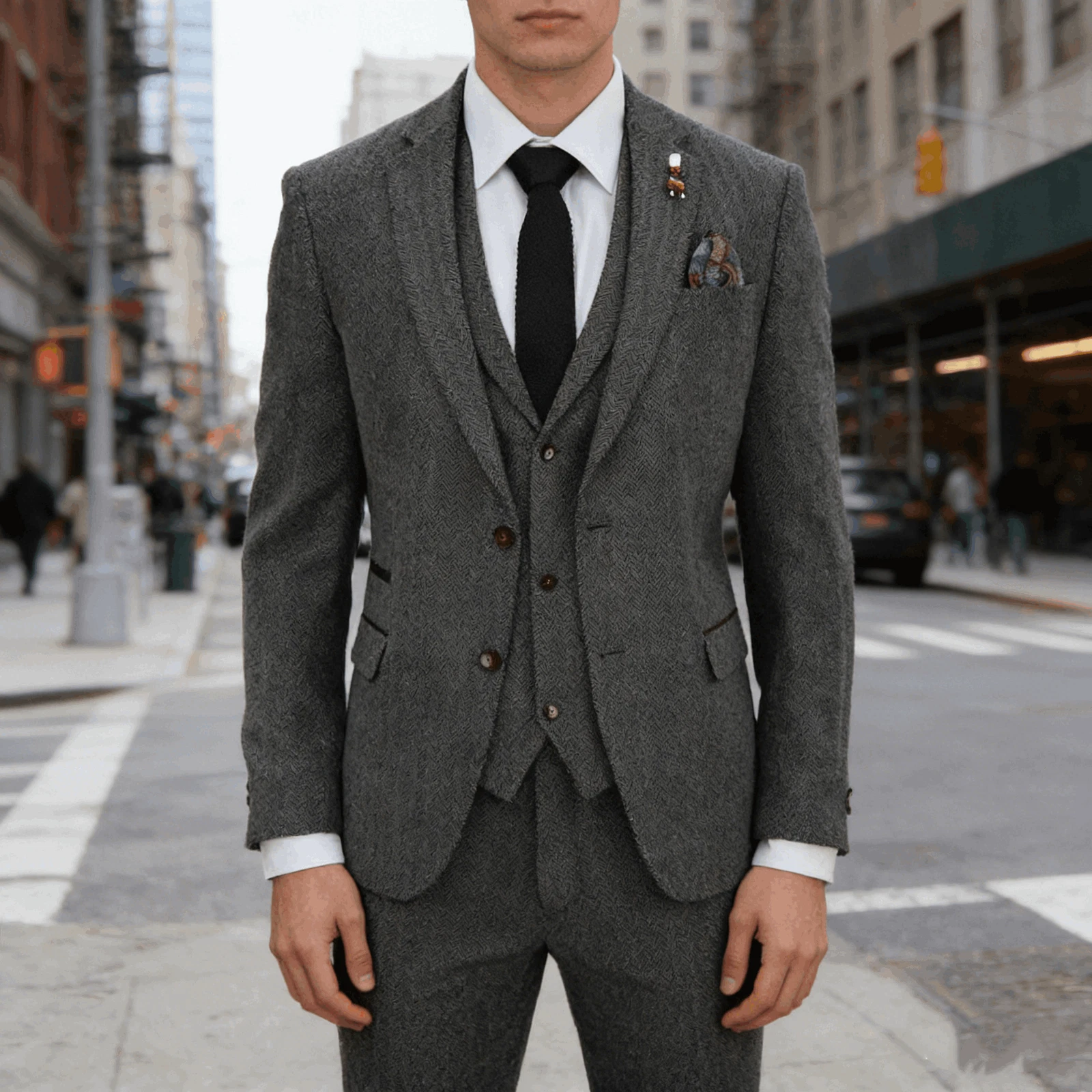 Classic Men's 3Pcs Regular Fit Herringbone Tweed Suit Blazer Waistcoat Trousers