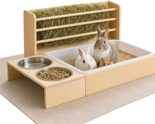 3-in-1 Heuraufe Kaninchen Holz Toilette Futtern&auml;pfe