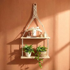 2 Tier Macrame Hanging Shelf Boho Wall Decor Wooden Rope Floating Shelves Rustic