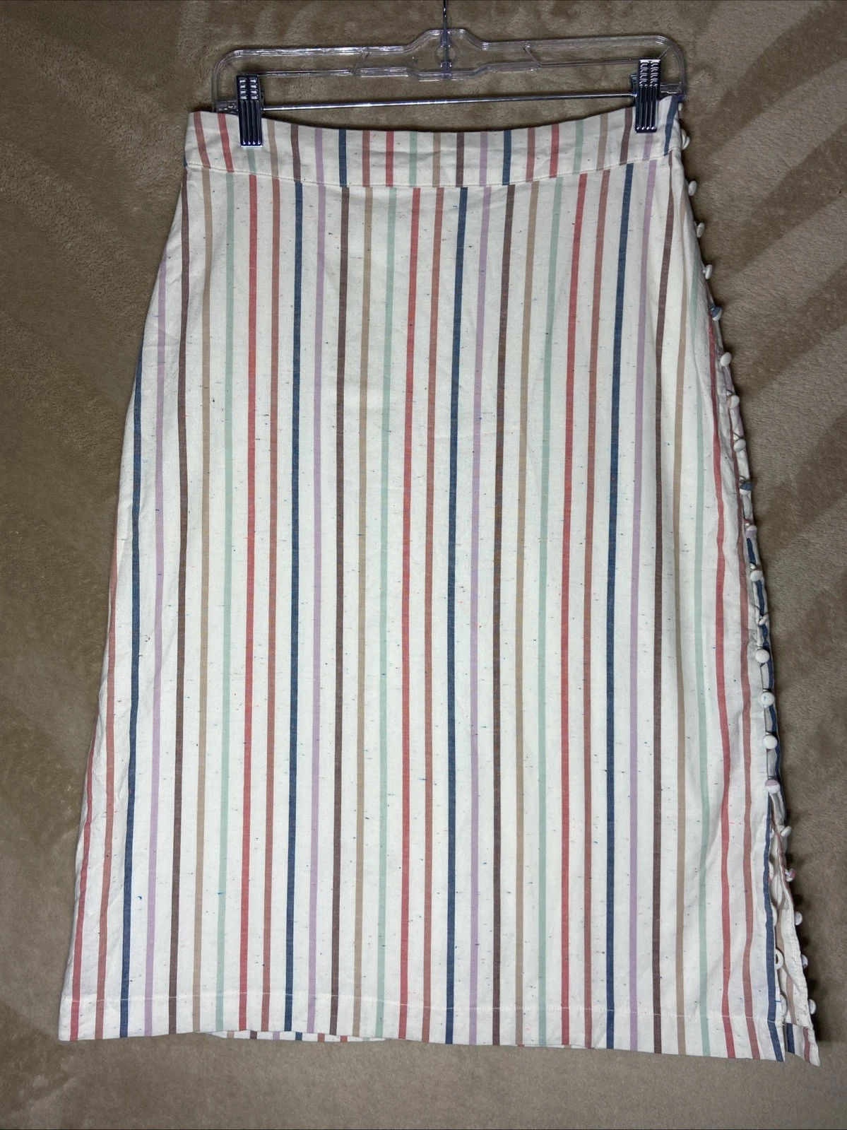 Madewell Women's Skirt 4 Button Slit Midi in Flecked Rainbow Stripe Linen Blend