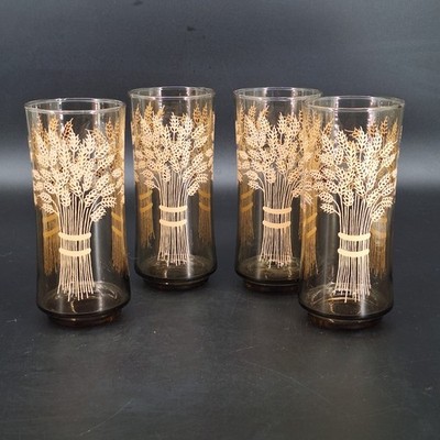4 Vintage Libbey Franco Wheat Water Glass Tumbler Smokey Amber Mid-Century MCM