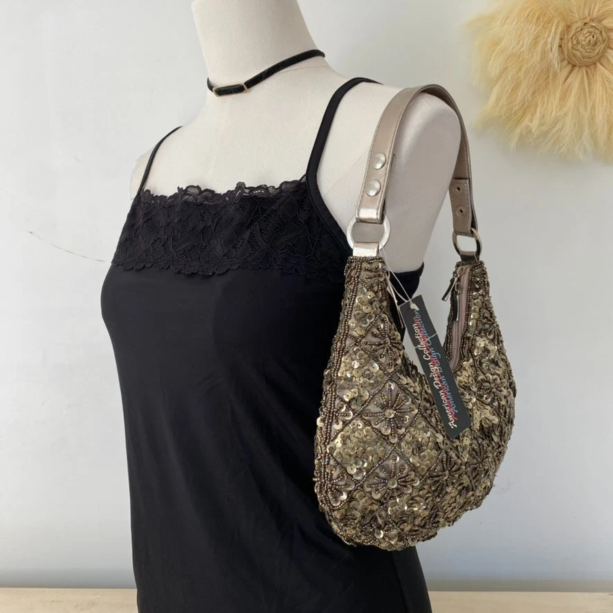 Bolsa de mão feminina vintage design americano com lantejoulas e miçangas enfeitada formatura hoco - Imagem 2 de 4