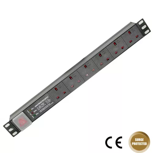 1u 6 way 13a pdu 19" inch rack switch surge protected 3 front led image 1