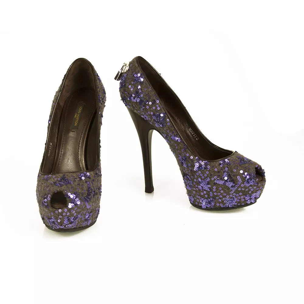 Louis Vuitton Oh Really Purple Sequins Glitter Lock Platform Peep Toe Pumps  37