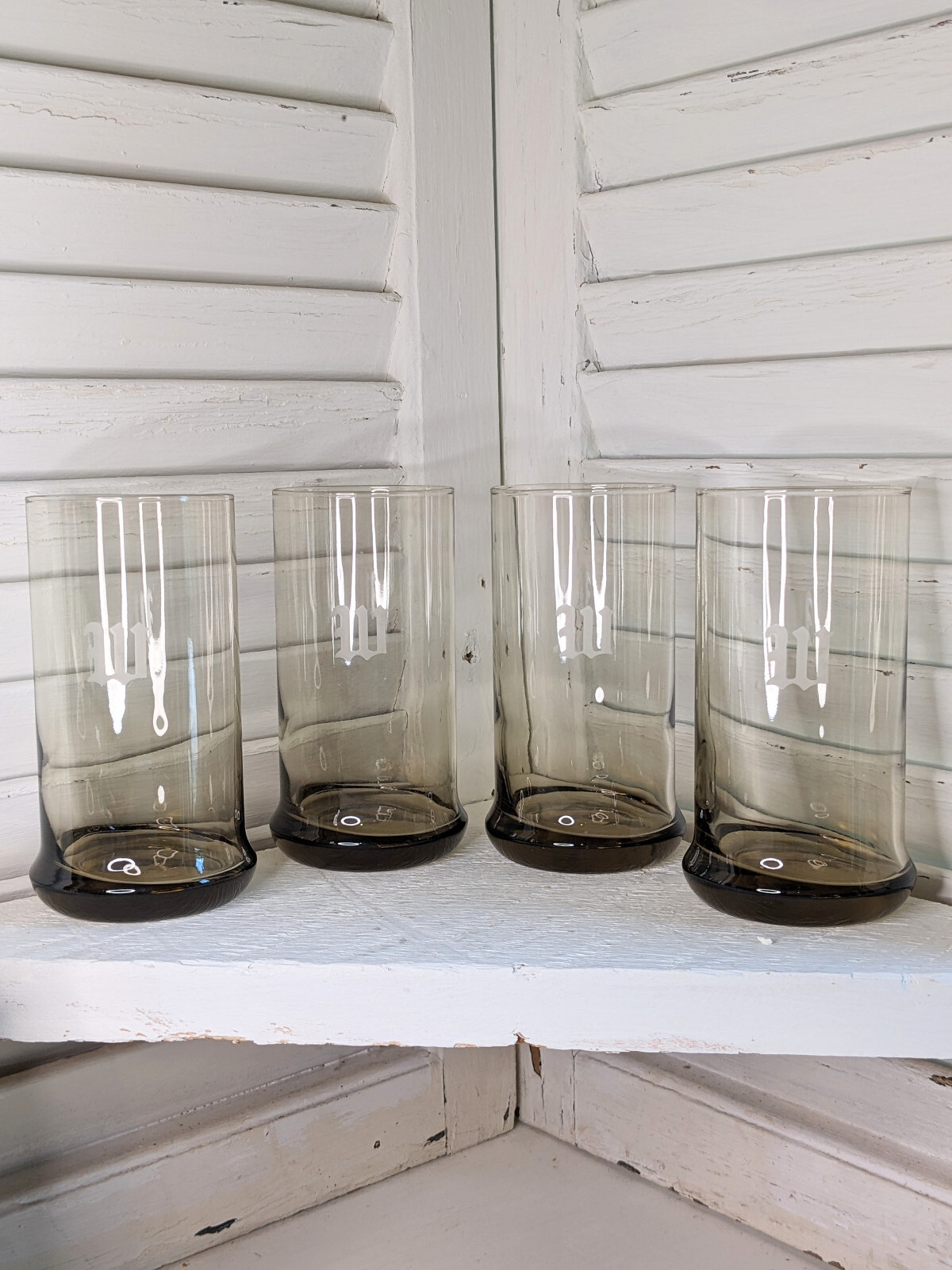 Set of 4 Vintage Tall Drinking Glasses Brown Glass with Etched "W