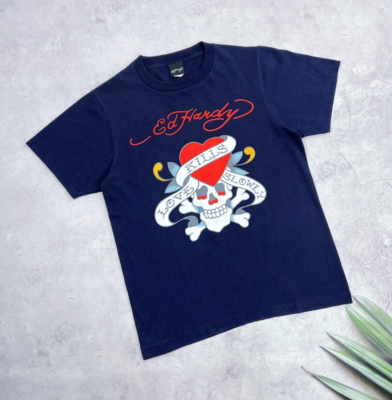 Vintage Ed Hardy T-Shirt Love Kills Slowly Skull & Heart Navy Blue