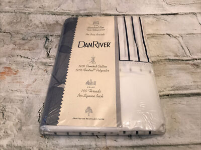 FAB! VTG Dan River no Iron Percale Brookvl Navy Stripe Pair STD Pillowcases 