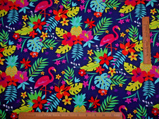 Tropical Fabric By Yard Floral Flamingos Pineapples on Navy Blue Premium Cotton